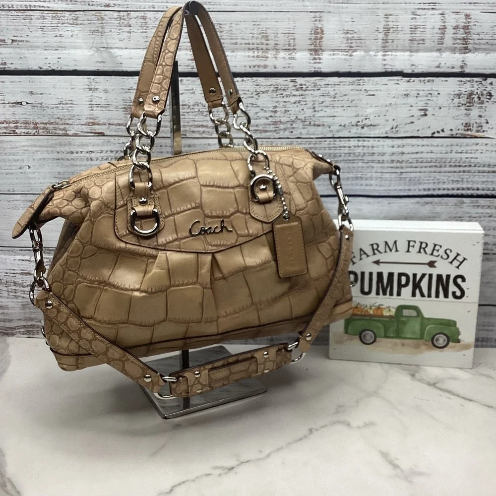 RARE COACH ASHLEY SATCHEL FAUX CROC TAN CAMEL HAND SHOULDER BAG FALL RETIRED GUC